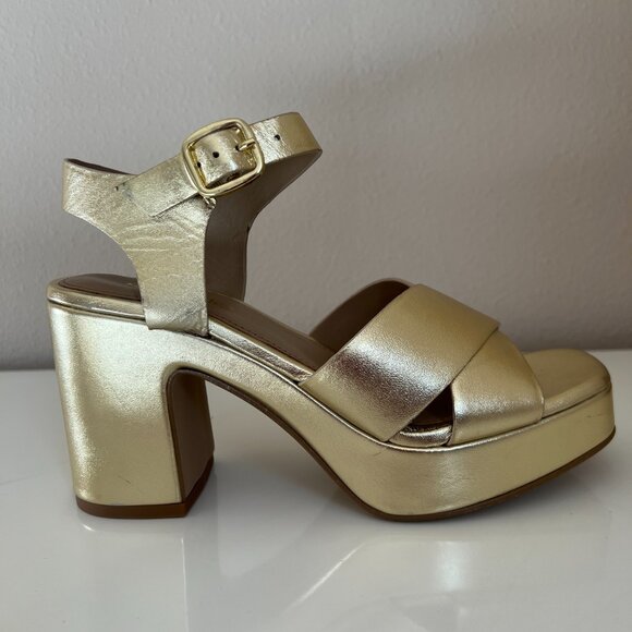 Seychelles - Gold Leather Platform Block Heel Sandals - Size 8 Women's NEW - Picture 1 of 9